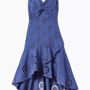 Sz 4 Donna Eyelet Lace Embroidered High Low Combo Dress Blue Flirty NWT